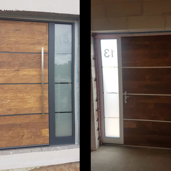 Front door with 'wood image' panel and custom glazing