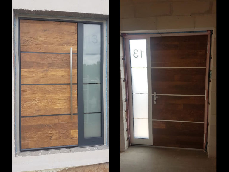Front door with 'wood image' panel and custom glazing