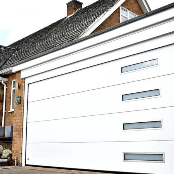 Garage door with oblong windows