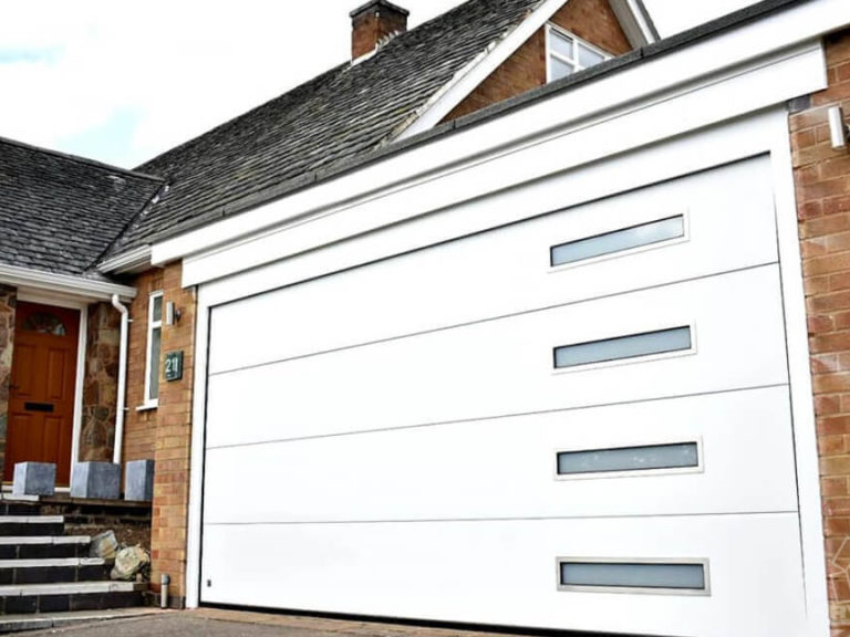 Garage door with oblong windows