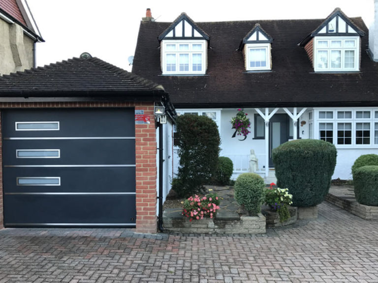 Garage door with decor accent & oblong windows
