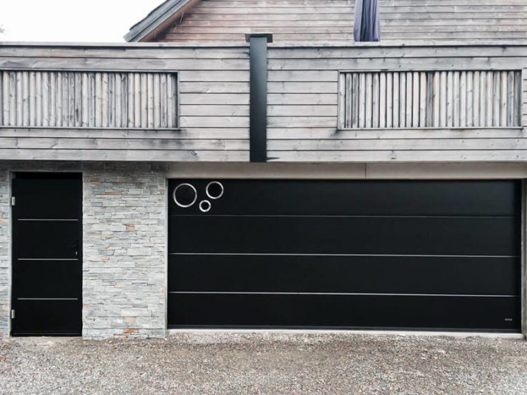 Garage door with custom window layout & side door