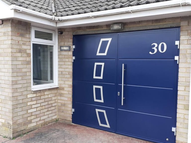 Side-Hinged Garage Door with a decorative design & house number