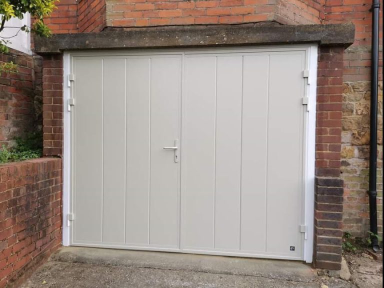 Side-Hinged Garage Door custom colour & white frame