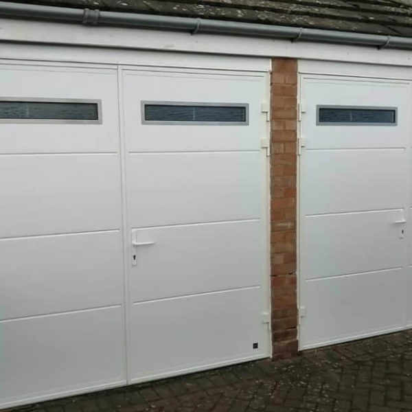 A pair of side hinged doors with oblong windows