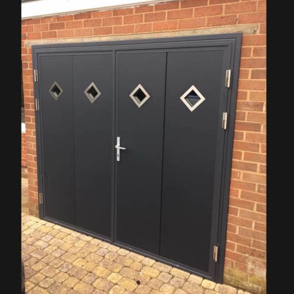 Side hinged door with small square windows