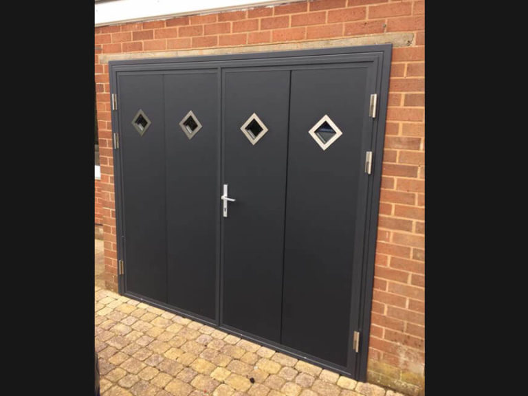 Side hinged door with small square windows