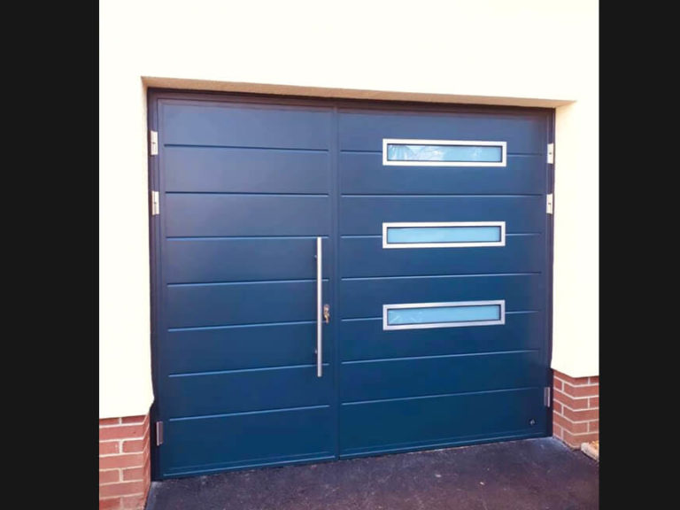 Side hinged door with oblong windows & pull handle