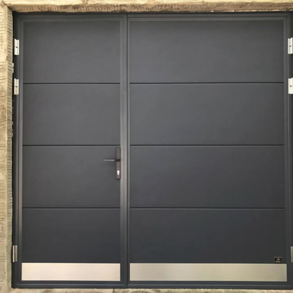 Side hinged door with a kick-plate