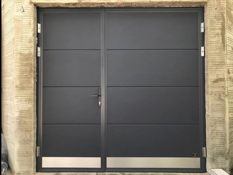 Side hinged door with a kick-plate