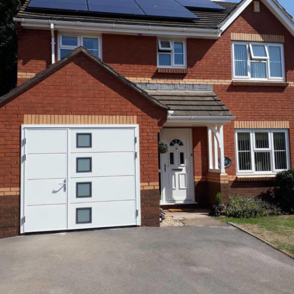 Side hinged garage door with big square windows