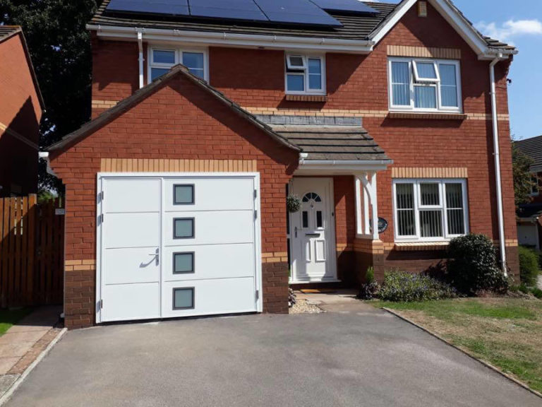Side hinged garage door with big square windows
