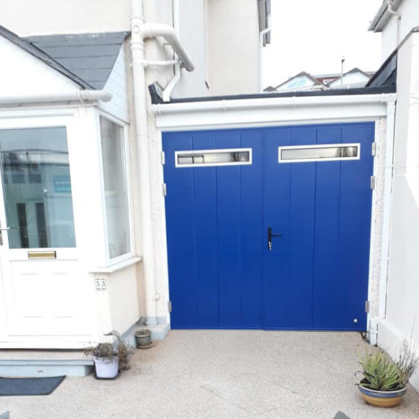 Side hinged door with oblong windows