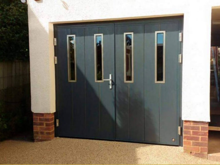 Side-hinged door with oblong windows