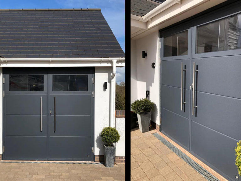 Side hinged door with glazed panel & pull handles