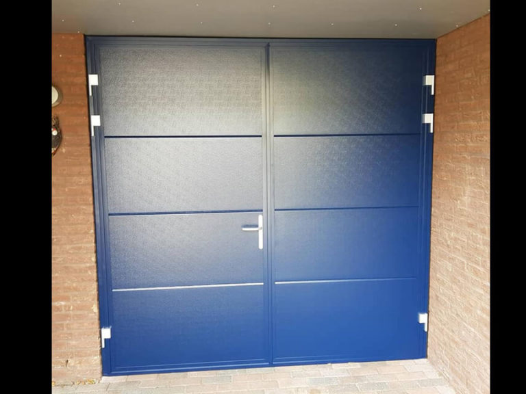 Side hinged door with flush stucco panels