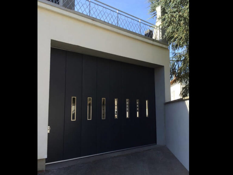 Door with oblong stainless steel windows & black smooth panels