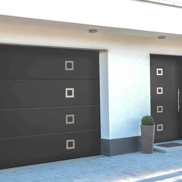 Square stainless metal appliques to get uniform front & garage door design
