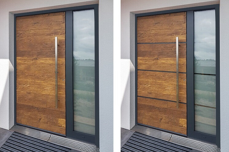 Aluminium front doors clad with wood sheets