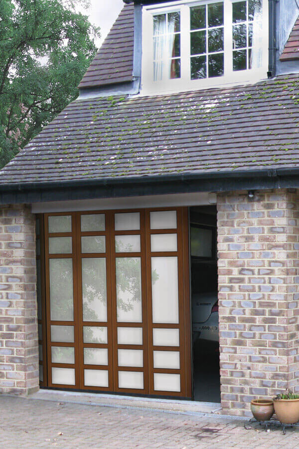Side sliding garage door with glazed panels